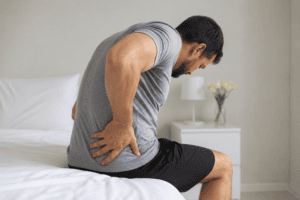 Dolor de lumbalgia persistente en persona adulta sentada en la cama
